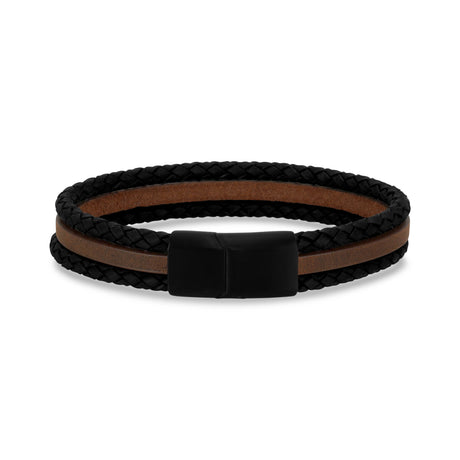 Triple Row Black & Brown Leather Bracelet - Mens Steel Leather Bracelet - The Steel Shop