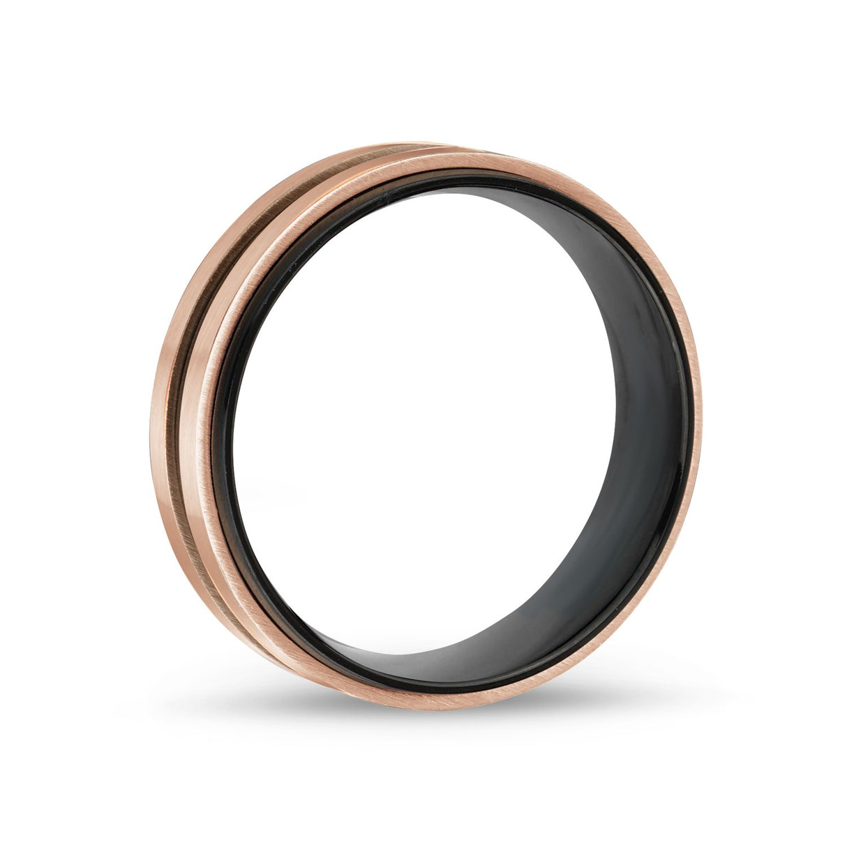 男性用リング - 7mm ローズゴールド＆ブラックスチール結婚指輪リング - 刻印可能
