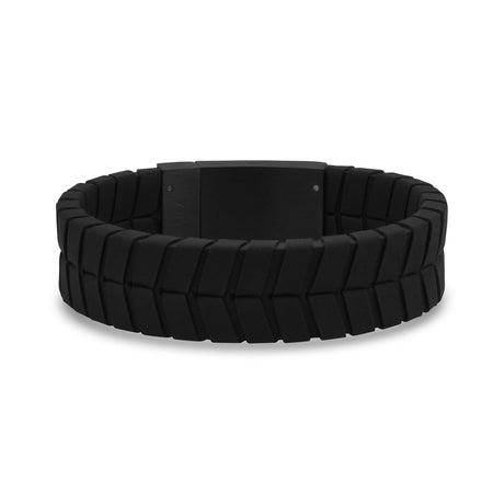 メンズスティールレザーブレスレット - 19mm Tire Track Engravable Black Leather Bracelet