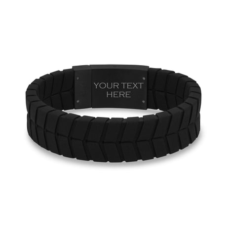 メンズスティールレザーブレスレット - 19mm Tire Track Engravable Black Leather Bracelet
