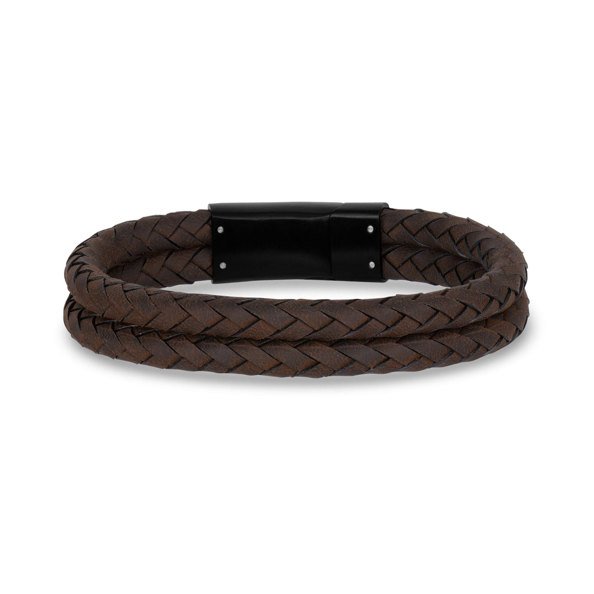 メンズスティールレザーブレスレット - Double Row Brown Leather Engravable Bracelet