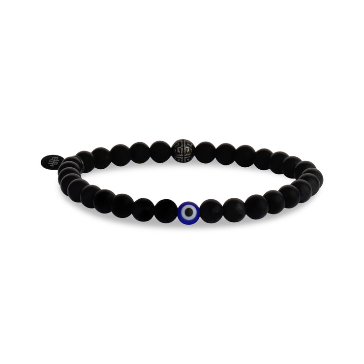 ユニセックス数珠ブレスレット - Blue Evil Eye 6mm Matte Black Onyx Bead Bracelet